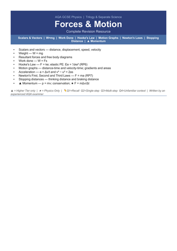 AQA GCSE Physics  Forces- Complete Exam Revision Pack