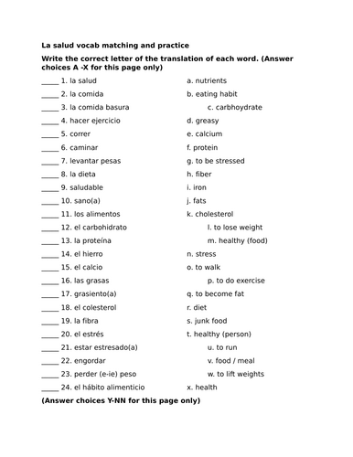 La salud vocab matching and practice