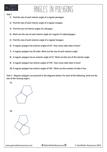 Angles in  Polygons - Maths GCSE Foundation Worksheet