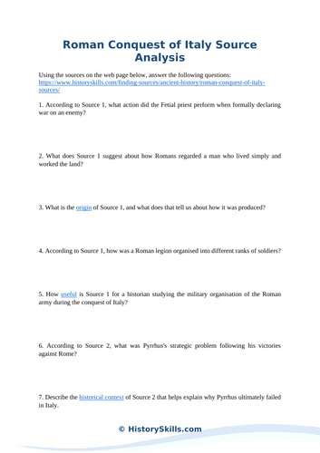 Roman Conquest of Italy Source Analysis Worksheet