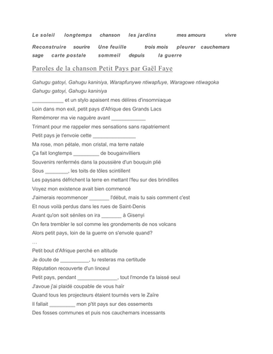 Le petit pays rap - gap fill activity