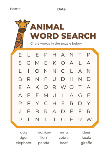Wild Animal Word Search