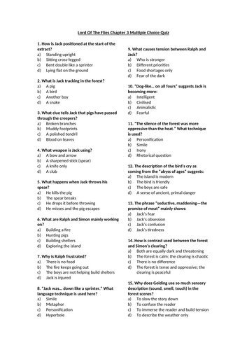 Lord Of The Flies Chapter 3 Multiple Choice Quiz