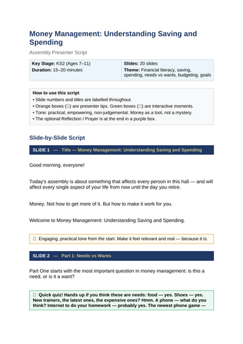 Money Management Assembly: Understanding Saving & Spending (KS2 / Whole School)