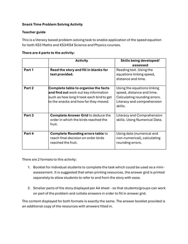 KS3/KS4 Speed=distance/time Problem Solving Activity