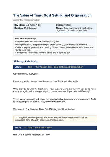 The Value of Time Assembly: Goal Setting & Organisation (KS2 / Whole School)
