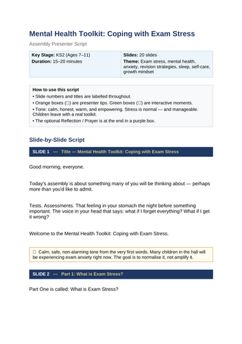 Mental Health Toolkit: Coping with Exam Stress Assembly (KS2 / SATs Focus)