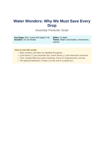 Water Wonders Assembly: Why We Must Save Every Drop (KS1 / Lower KS2)