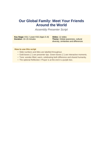 Our Global Family Assembly: Celebrating Diversity & Shared Humanity (KS1 / Lower KS2)