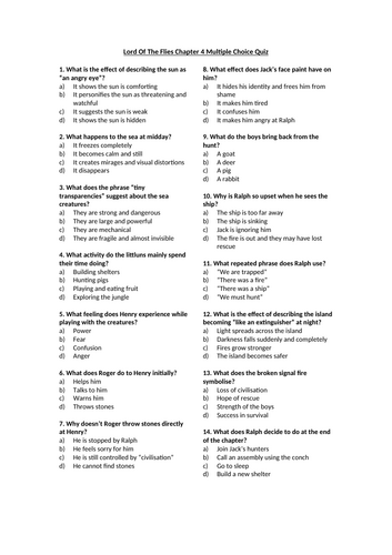 Lord Of The Flies Chapter 4 Multiple Choice Quiz