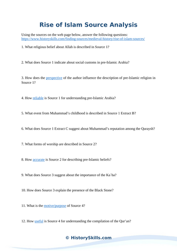 Birth and Rise of Islam Source Analysis Worksheet