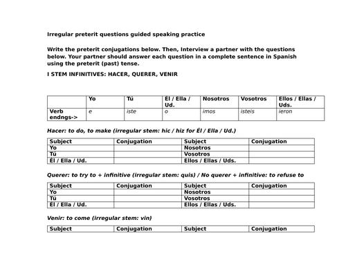 Irregular preterit questions guided speaking practice