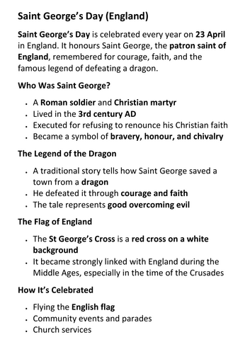 Saint George’s Day (England) Handout