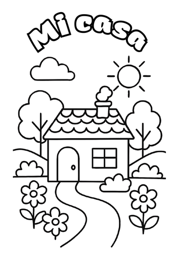 Mi casa dibujo para colorear infantil