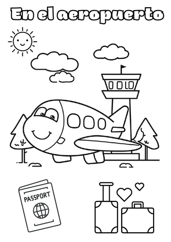 En el aeropuerto dibujo para colorear infantil