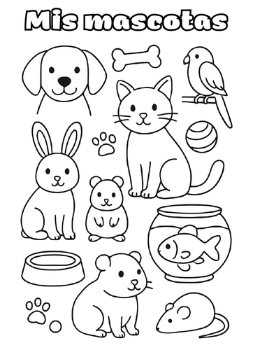 Mis mascotas dibujo para colorear infantil imprimible