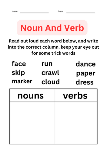 noun and verb worksheets for kindergarten