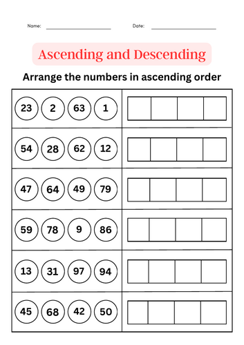 Ascending and descending order worksheet 1 to 100 – Ordering numbers math book