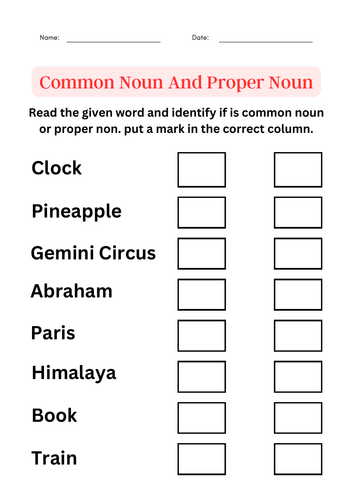 nouns, common nouns and proper nouns worksheets for grade 1, 2, 3