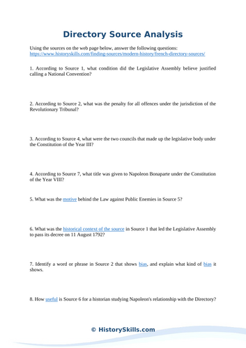 The French Directory Source Analysis Worksheet