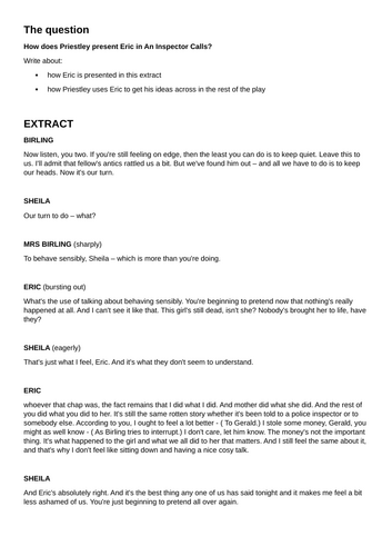 'An Inspector Calls' essay question on the Eric and flashcards