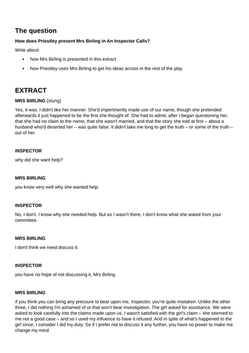 'An Inspector Calls'- Mrs Birling Exam Question with flashcards