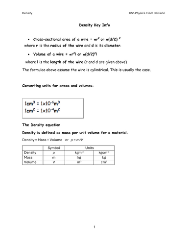 KS5 Physics Last Minute Revision Resource- Density Calculations