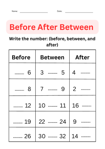 Before After and Between Number Math Worksheets for Grade 1, 2, 3