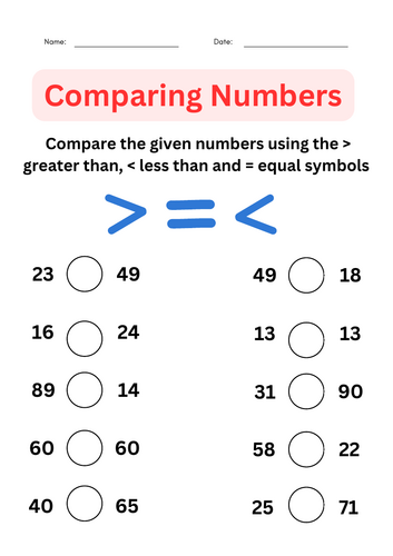 Kindergarten Comparing Numbers Math Worksheets for Grade 1, 2, 3