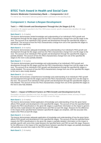 BTEC Tech Award Health and Social Care | Moderator Commentary Bank | Components 1 & 2 | Mark Bands 1