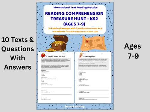 Reading Comprehension Treasure Hunt Worksheets (Ages 7–9) | 10 Texts & Questions