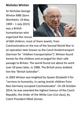 Nicholas Winton (The British Schindler) Handout