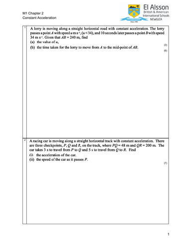 Edexcel M1 'Constant Acceleration' Classified Past Paper Questions + Mark Scheme + Model Answers