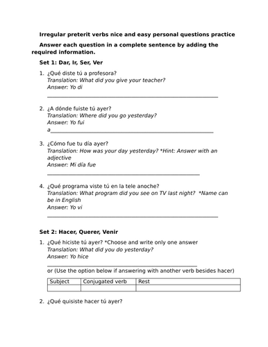 Irregular preterit verbs nice and easy personal questions practice