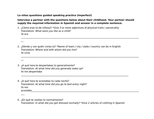 La niñez questions guided speaking practice (Imperfect)