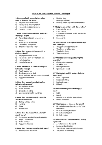 Lord Of The Flies Chapter 8 Multiple Choice Quiz | Teaching Resources