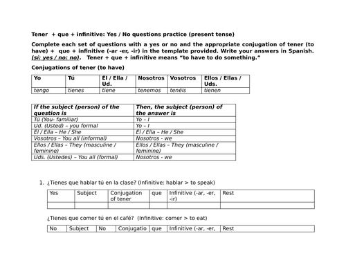 Tener + que + infinitive: Yes / No questions practice (present tense)