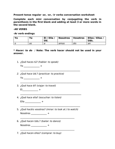Present tense regular verbs conversation worksheet