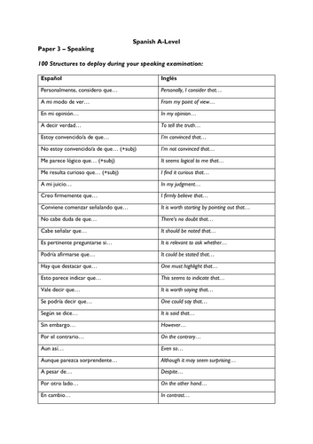 Spanish A Level Speaking Revision - 100 Structures to use in your speaking exam