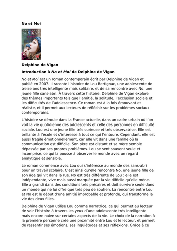 No et Moi – Delphine de Vigan – Introduction to the Novel