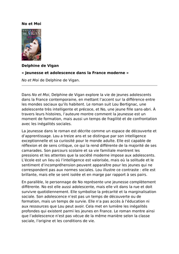 No et Moi – Delphine de Vigan – Youth and Adolescence in Contemporary France