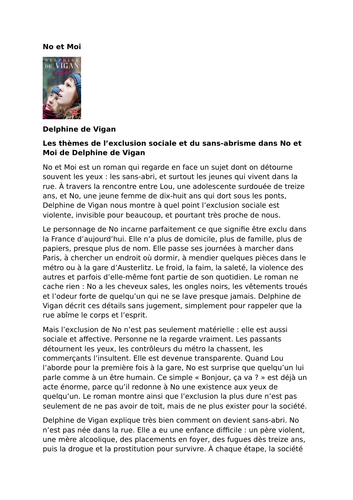 No et Moi – Delphine de Vigan – Social Exclusion and Homelessness