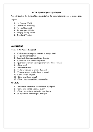 GCSE Spanish Speaking - Conversation Questions