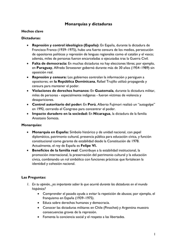 A Level Spanish Monarchies Dictatorships - Monarquías y Dictaduras - Revision - Cultural References