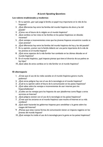 A Level Spanish AQA Speaking Exam - Theme Discussion - Past Questions