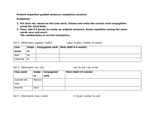 Preterit Imperfect guided sentence completion practice