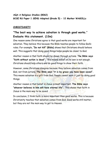 WAGOLL Grade 9 Grade 5 Model Answers – GCSE RS Christianity and Islam