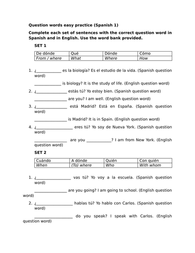 Question words easy practice (Spanish 1)