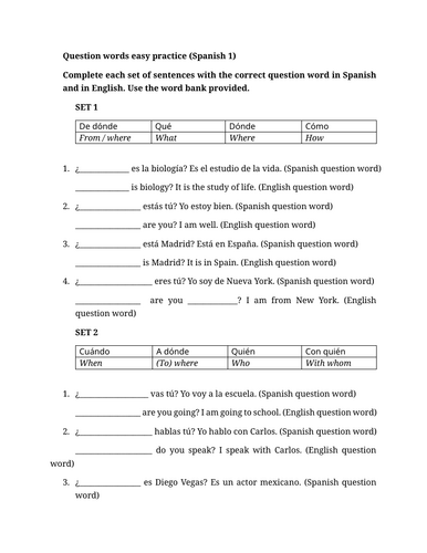 Question words easy practice (Spanish 1)
