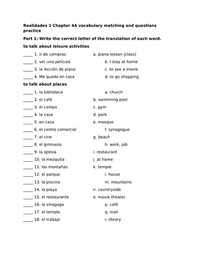 Realidades 1 Chapter 4A vocabulary matching and questions practice